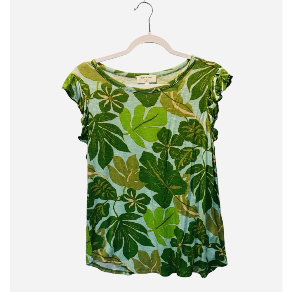 Kim & Cami Womens Tropical Flutter Sleeve Top Coastal Summer Beachy Vacation M